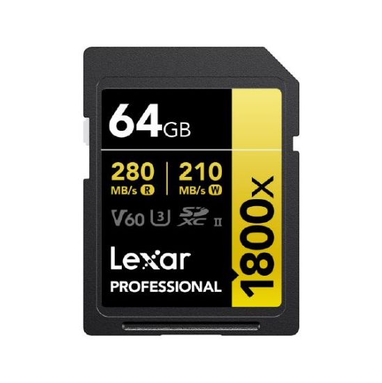 Picture of Lexar 64GB Professional, 1800x SDXC UHS-II Gold Series Memory Card - 280MB/s, 10 Years Warranty