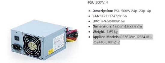 Picture of Synology PSU 500W_4 for RS3618xs, RS2418+, RS2416+, RX1217