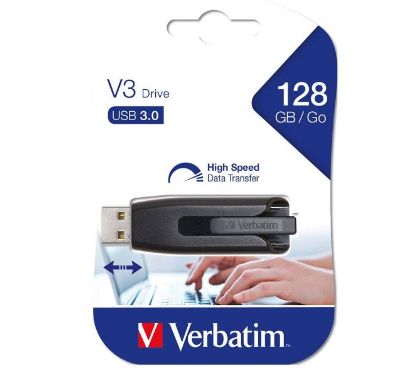 Picture of Verbatim Store'n'Go V3 USB 3.2 SuperSpeed Drive 128GB - Backup Storage, Grey, Windows, Mac, Linux Compatible.