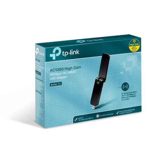 Picture of TP-Link Archer T4U AC1300 Wireless Dual Band USB Adapter 2.4GHz (400Mbps) 5GHz (867Mbps) 1xUSB3 802.11ac Omni Directional Antenna WPS button USB Ext C