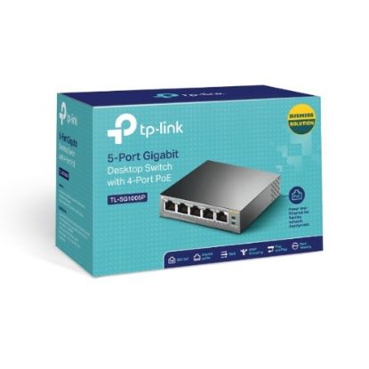 Picture of TP-Link TL-SG1005P 5-Port Gigabit Desktop Switch with 4-Port PoE, 5 Gigabit RJ45 ports including 4 PoE ports, 56W PoE Power supply, steel case