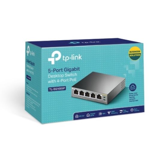 Picture of TP-Link TL-SG1005P 5-Port Gigabit Desktop Switch with 4-Port PoE, 5 Gigabit RJ45 ports including 4 PoE ports, 56W PoE Power supply, steel case