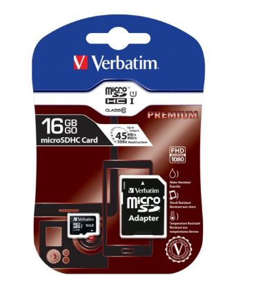 Picture of Verbatim Micro SDHC 16GB (Class 10) with Adaptor Up to 45MB/Sec 300X read speed