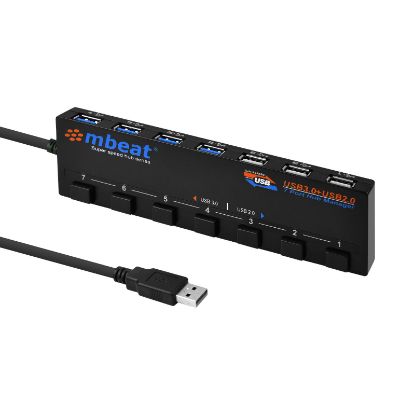 Picture of mbeat® 7-Port USB 3.0 & USB 2.0 Powered Hub Manager with Switches - 4x USB 3.0 with 5Gbps/3x USB 2.0 with 2.4Ghz(480Mbps)/Super Fast Hub Weight: 129g
