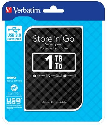 Picture of Verbatim 1TB 2.5' USB 3.0 Black Store'n'Go HDD Grid Design, Ultra Portable, High Speed & Capacity. Backup and Store + Nero Backup Software