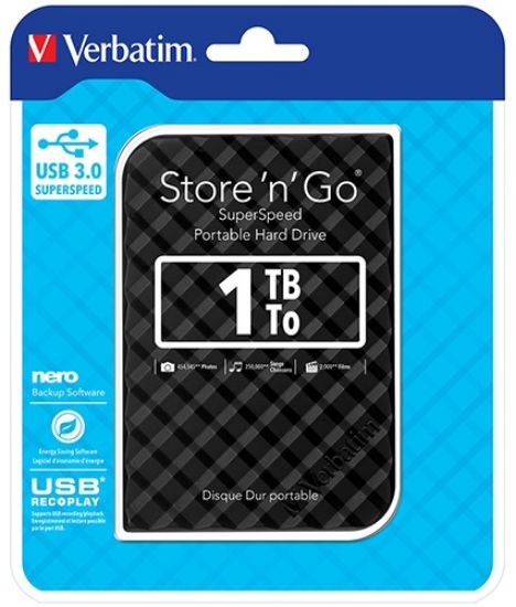 Picture of Verbatim 1TB 2.5' USB 3.0 Black Store'n'Go HDD Grid Design, Ultra Portable, High Speed & Capacity. Backup and Store + Nero Backup Software