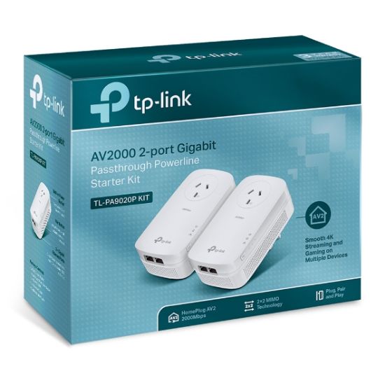 Picture of TP-Link TL-PA9020P KIT AV2000 2-Port Gigabit Passthrough Powerline Starter Kit, HomePlug AV2, Up To 2000Mbps, 2X2 MIMO With Beamforming, Plug and Play