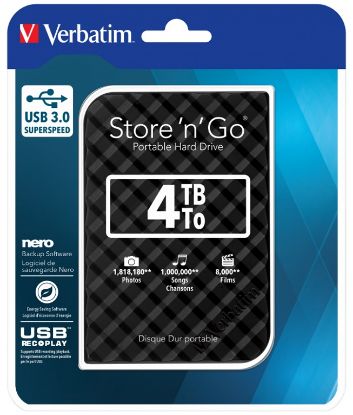 Picture of Verbatim 4TB 2.5' USB 3.0 Black Store'n'Go HDD Grid Design.