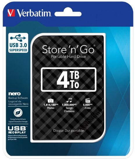 Picture of Verbatim 4TB 2.5' USB 3.0 Black Store'n'Go HDD Grid Design.