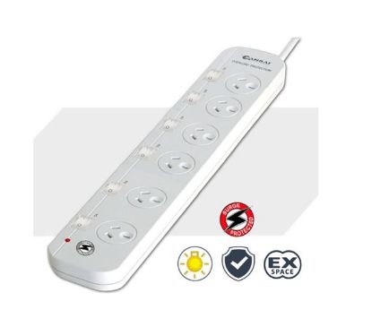 Picture of Sansai 6-Way Power Board (661SW) with Individual Switches and Surge Protection Overload Protected Reset button Indicator Light 100CM Lead 240VAC 10A