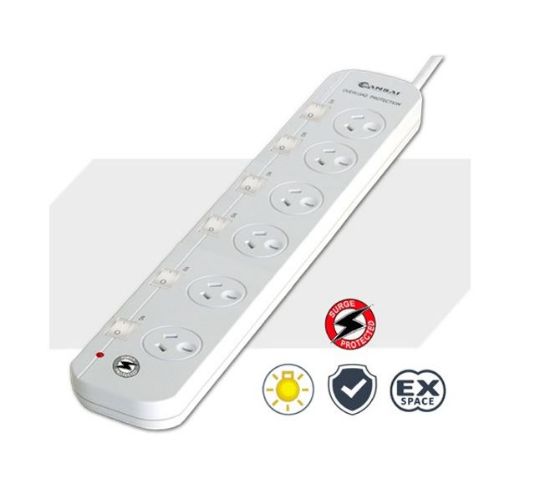 Picture of Sansai 6-Way Power Board (661SW) with Individual Switches and Surge Protection Overload Protected Reset button Indicator Light 100CM Lead 240VAC 10A