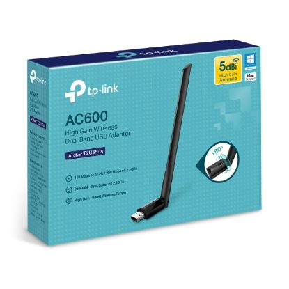 Picture of TP-Link Archer T2U Plus AC600 High Gain Wi-Fi Dual Band USB Adapter,433Mbps at 5GHz + 200Mbps at 2.4GHz, USB 2.0, 1 high gain antenna