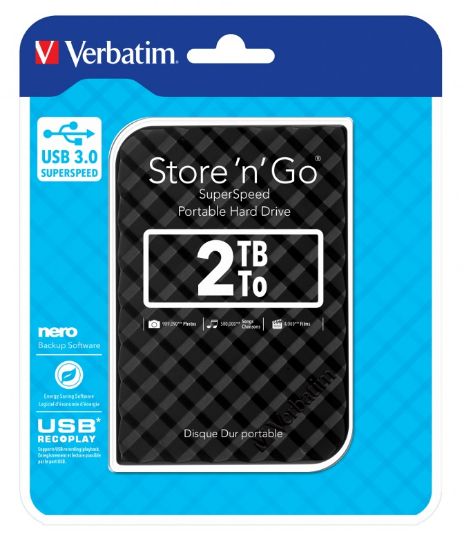 Picture of Verbatim 2TB 2.5' USB 3.0 Black Store'n'Go HDD Grid Design, Ultra Portable, High Speed & Capacity. Backup and Store + Nero Backup Software