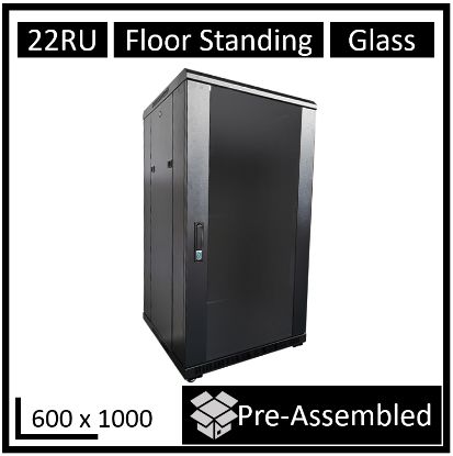 Picture of LDR Assembled 22U Server Rack Cabinet (L600mm x W1000mm x H1070mm), Glass Door,1x 8-Port PDU, 1x 4-Way Fan, 2x Fixed Shelves -Black Metal Construction