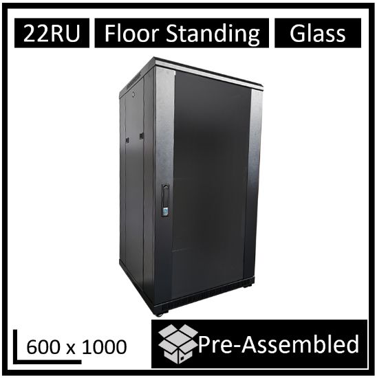 Picture of LDR Assembled 22U Server Rack Cabinet (L600mm x W1000mm x H1070mm), Glass Door,1x 8-Port PDU, 1x 4-Way Fan, 2x Fixed Shelves -Black Metal Construction