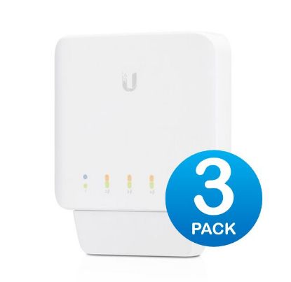 Picture of Ubiquiti USW Flex 3 Pack- Managed, Layer 2 Gigabit switch with auto-sensing 802.3af PoE support. 1x PoE In, 4x PoE Out,