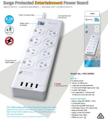 Picture of Sansai 8 Outlets & 4 USB Outlets Surge Protected Powerboard Master On/Off switch 1M lead & Right angle plug 230-240VAC IV Retail box