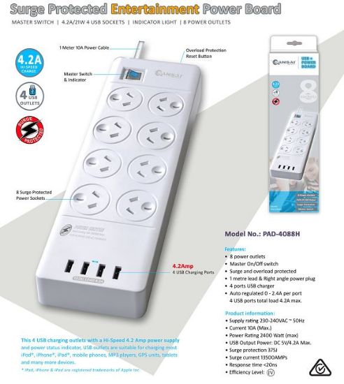 Picture of Sansai 8 Outlets & 4 USB Outlets Surge Protected Powerboard Master On/Off switch 1M lead & Right angle plug 230-240VAC IV Retail box