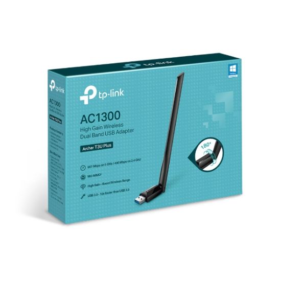 Picture of TP-Link Archer T3U Plus AC1300 High Gain Wi-Fi Dual Band USB Adapter,  867Mbps at 5GHz + 400Mbps at 2.4GHz, USB 3.0, 1xHigh Gain External Antenna, MU-
