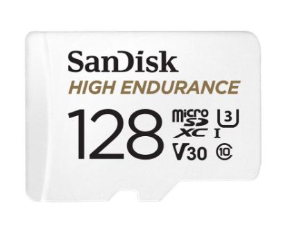 Picture of SanDisk High Endurance 128GB microSD 100MB/s 40MB/s 10K hrs 4K UHD C10 U3 V30 -40°C to 85°C Heat Freeze Shock Temperature Water X-ray Proof SD Adapter
