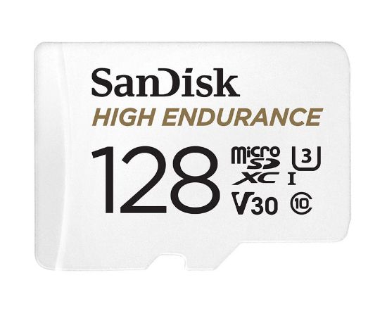 Picture of SanDisk High Endurance 128GB microSD 100MB/s 40MB/s 10K hrs 4K UHD C10 U3 V30 -40°C to 85°C Heat Freeze Shock Temperature Water X-ray Proof SD Adapter