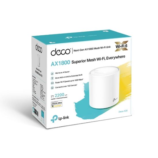 Picture of TP-Link Deco X20 (1-pack)AX1800 Whole Home Mesh Wi-Fi 6 System, Up To 200 sqm Coverage, WIFI6, 1201Mbps @ 5Ghz, 574Mbps @ 2.4 GHz OFDMA, MU-MIMO (WIFI