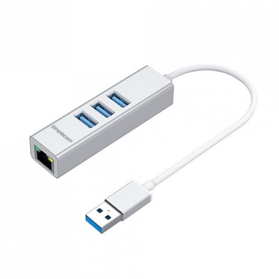 Picture of Simplecom CHN420 Silver Aluminium 3 Port SuperSpeed USB HUB with Gigabit Ethernet Adapter