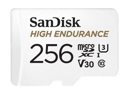 Picture of SanDisk High Endurance 256GB microSD 100MB/s 40MB/s 20K hrs 4K UHD C10 U3 V30 -40°C to 85°C Heat Freeze Shock Temperature Water X-ray Proof SD Adapter
