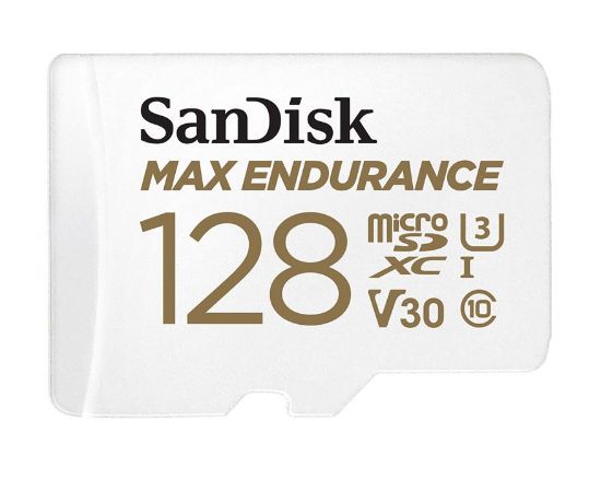 Picture of SanDisk Max Endurance 128GB microSD 100MB/s 40MB/s 20K hrs 4K UHD C10 U3 V30 -40°C to 85°C Heat Freeze Shock Temperature Water X-ray Proof SD Adapter