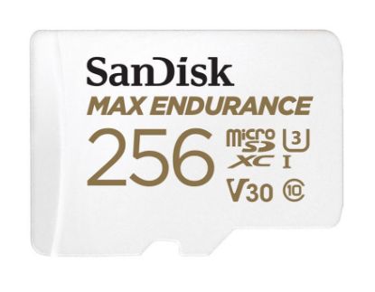 Picture of SanDisk Max Endurance 256GB microSD 100MB/s 40MB/s 20K hrs 4K UHD C10 U3 V30 -40°C to 85°C Heat Freeze Shock Temperature Water X-ray Proof SD Adapter