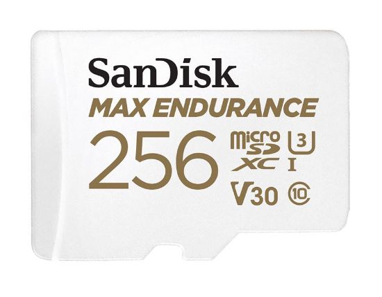 Picture of SanDisk Max Endurance 256GB microSD 100MB/s 40MB/s 20K hrs 4K UHD C10 U3 V30 -40°C to 85°C Heat Freeze Shock Temperature Water X-ray Proof SD Adapter