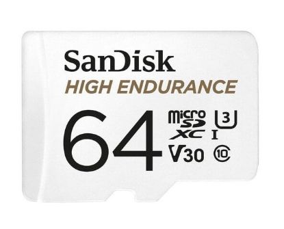 Picture of SanDisk High Endurance 64GB microSD 100MB/s 40MB/s 5K hrs 4K UHD C10 U3 V30 -40°C to 85°C Heat Freeze Shock Temperature Water X-ray Proof SD Adapter