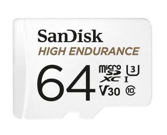 Picture of SanDisk High Endurance 64GB microSD 100MB/s 40MB/s 5K hrs 4K UHD C10 U3 V30 -40°C to 85°C Heat Freeze Shock Temperature Water X-ray Proof SD Adapter