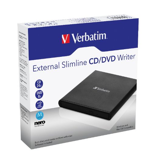 Picture of Verbatim External Slimline DVD / CD Writer, Burner, Reader, Player, Ultra Portable for Notebooks, Nero Software, USB Powered Black Mobile, Retail 2025