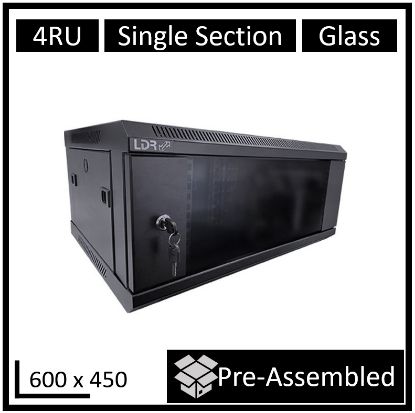 Picture of LDR Assembled 4U Wall Mount Cabinet (600mm x 450mm) Glass Door - Black Metal Construction - Top Fan Vents - Side Access Panels