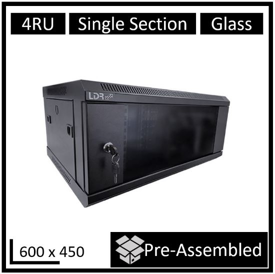 Picture of LDR Assembled 4U Wall Mount Cabinet (600mm x 450mm) Glass Door - Black Metal Construction - Top Fan Vents - Side Access Panels