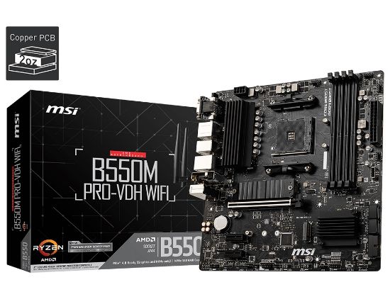 Picture of MSI B550M PRO-VDH WIFI Motherboard AMD Ryzen AM4, 4xDDR4, support up to 128GB, 1xPCIe 4.0/3.0 x16 slot, 4xSATA 6Gb, 7xUSB3.2, 6xUSB2.0, LAN, HDMI