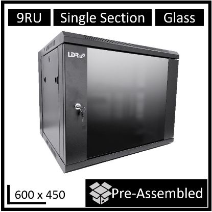 Picture of LDR Assembled 9U Wall Mount Cabinet (600mm x 450mm) Glass Door - Black Metal Construction - Top Fan Vents - Side Access Panels