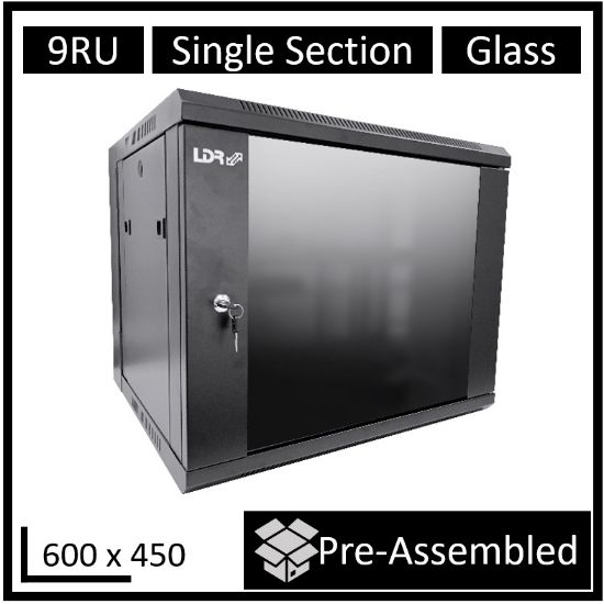 Picture of LDR Assembled 9U Wall Mount Cabinet (600mm x 450mm) Glass Door - Black Metal Construction - Top Fan Vents - Side Access Panels
