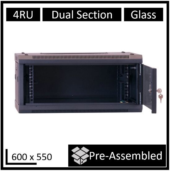 Picture of LDR Assembled 4U Hinged Wall Mount Cabinet (600mm x 550mm) Glass Door - Black Metal Construction - Top Fan Vents - Side Access Panels