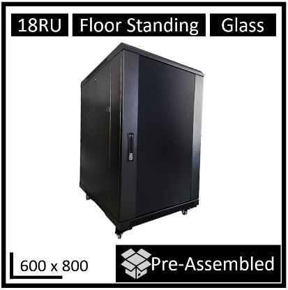Picture of LDR Assembled 18U Server Rack Cabinet (600mm x 800mm) Glass Door, 1x 8-Port PDU, 1x 4-Way Fan, 2x Fixed Shelves - Black Metal Construction