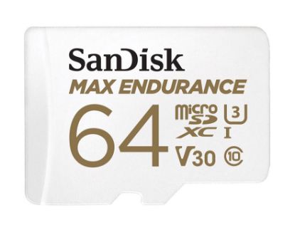 Picture of SanDisk Max Endurance 64GB microSD 100MB/s 40MB/s 20K hrs 4K UHD C10 U3 V30 -40°C to 85°C Heat Freeze Shock Temperature Water X-ray Proof SD Adapter