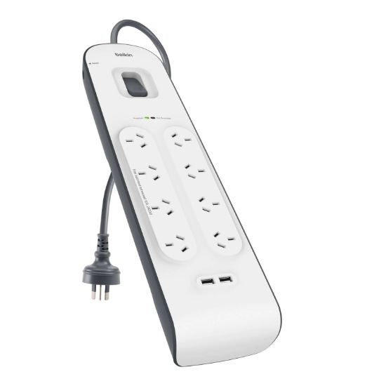 Picture of Belkin SurgePlus 8-Outlet 2-Meter Surge Protection Strip With Two (2.4) Amp USB Charging Ports - (BSV804au2M), CEW $20,000, 2 Years Warranty