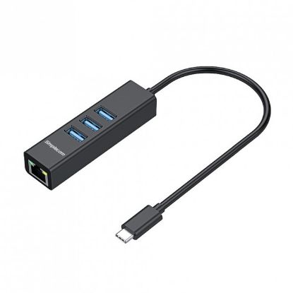 Picture of Simplecom CHN421 Black Aluminium USB-C to 3 Port USB HUB with Gigabit Ethernet Adapter