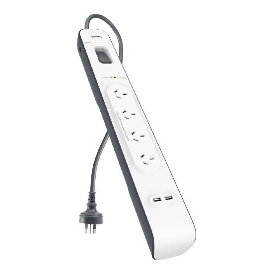 Picture of Belkin SurgePlus 4-Outlet 2-Meter Surge Protection Strip With Two (2.4) Amp USB Charging Ports - (BSV401au2M), CEW $20,000, 2 Years Warranty