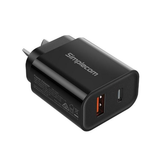Picture of Simplecom CU220 Dual Port PD 20W Fast Wall Charger USB-C + USB-A for Phone Tablet