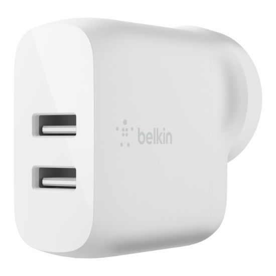 Picture of Belkin BoostCharge 24W Dual USB-A Wall Charger - White (WCB002auWH), 2xUSB-A (12W), Dual Port Fast charger, Safe & Efficient, 2 Years Warranty