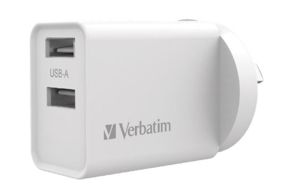 Picture of Verbatim USB Charger Dual Port 2.4A each Total 5v 3.4A White Wall Charger, Rohs, CE, Apple, Android, tablet, Handheld. OC, OV, SS, OT, Fire Resistant.