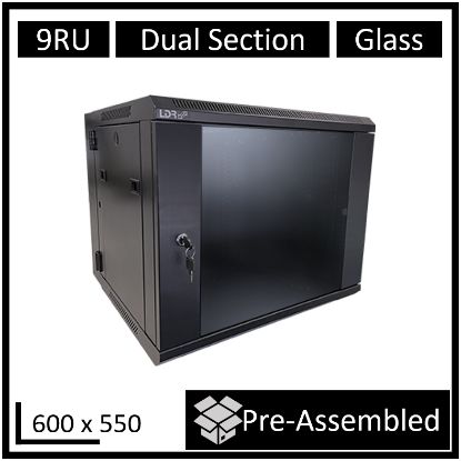 Picture of LDR Assembled 9U Hinged Wall Mount Cabinet (600mm x 550mm) Glass Door - Black Metal Construction - Top Fan Vents - Side Access Panels