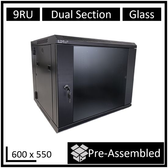 Picture of LDR Assembled 9U Hinged Wall Mount Cabinet (600mm x 550mm) Glass Door - Black Metal Construction - Top Fan Vents - Side Access Panels